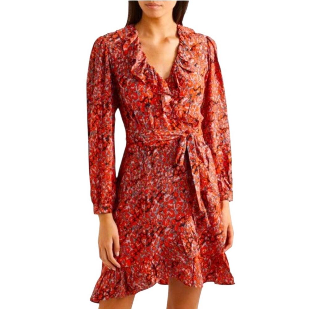Maje Rosetto Imprime Ruffle Mini Wrap Dress Red Black Gray Leopard Print Size 2